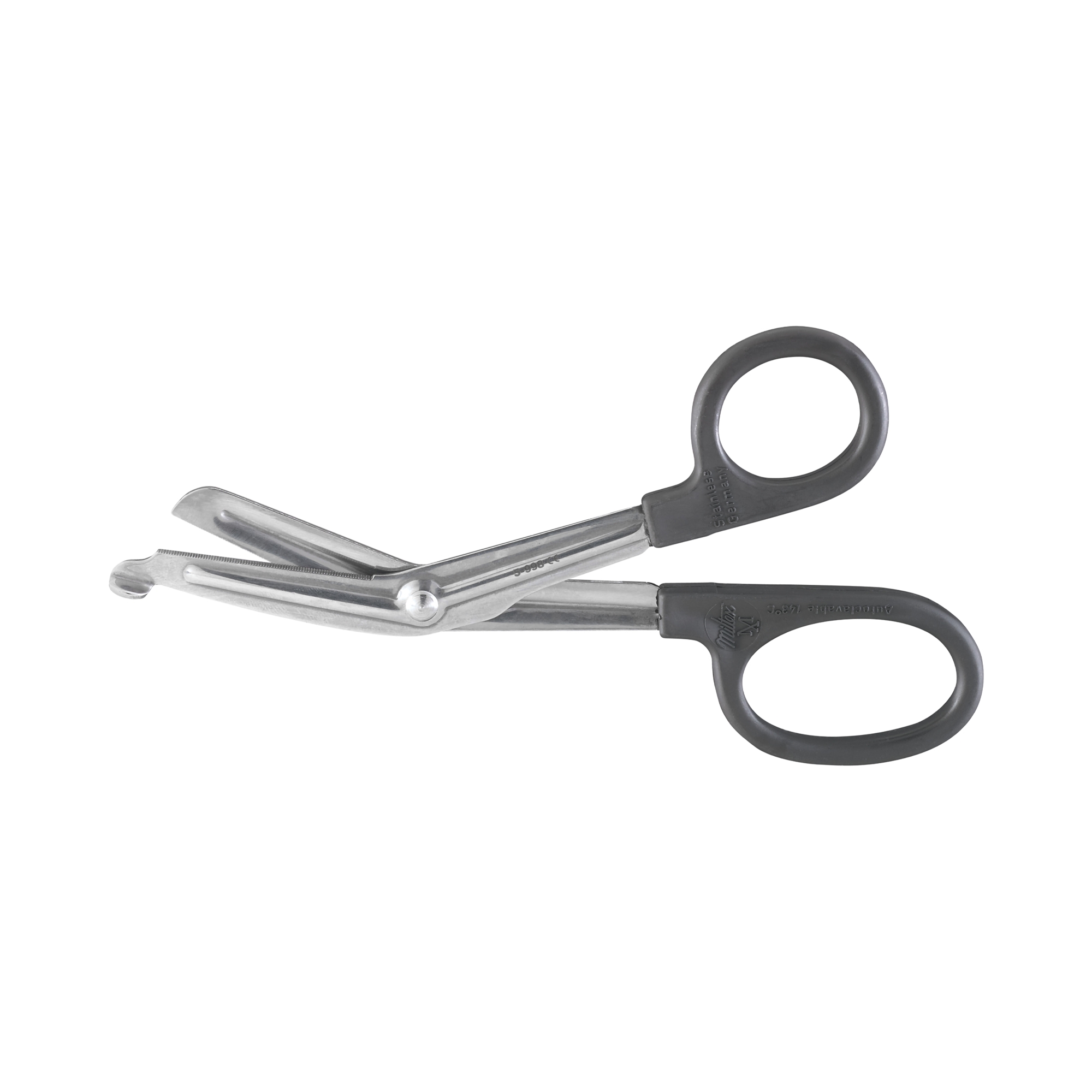 Scissors Bandage Scissors Miltex® 6-1/2 Inch Length Surgical Grade Stainless Steel / Plastic NonSterile Finger Ring Handle Angled Blunt Tip / Blunt Tip by Integra York PA, Inc. (Miltex)  ID 5-998